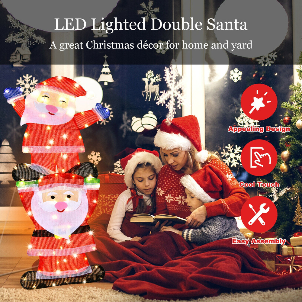 LED Double Santa Yard Christmas Decoration with String Lights & Stakes, Outdoor Holiday Decor