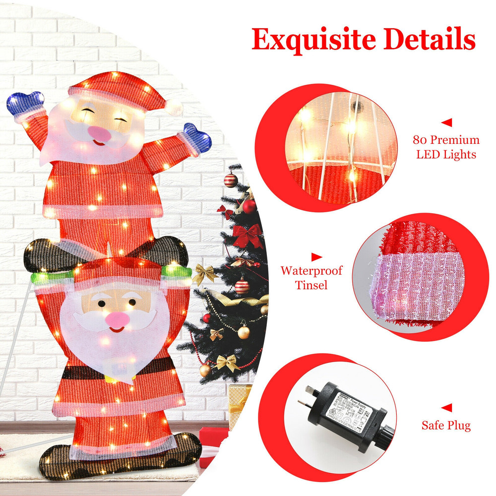 LED Double Santa Yard Christmas Decoration with String Lights & Stakes, Outdoor Holiday Decor