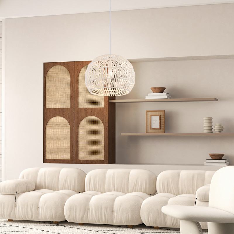 Round Farmhouse Rattan Pendant Light, Adjustable Hanging Rope for Dining & Living Room