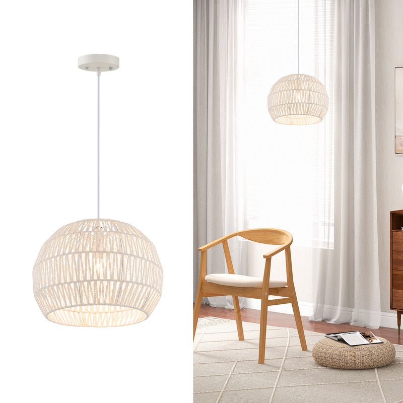 Round Farmhouse Rattan Pendant Light, Adjustable Hanging Rope for Dining & Living Room