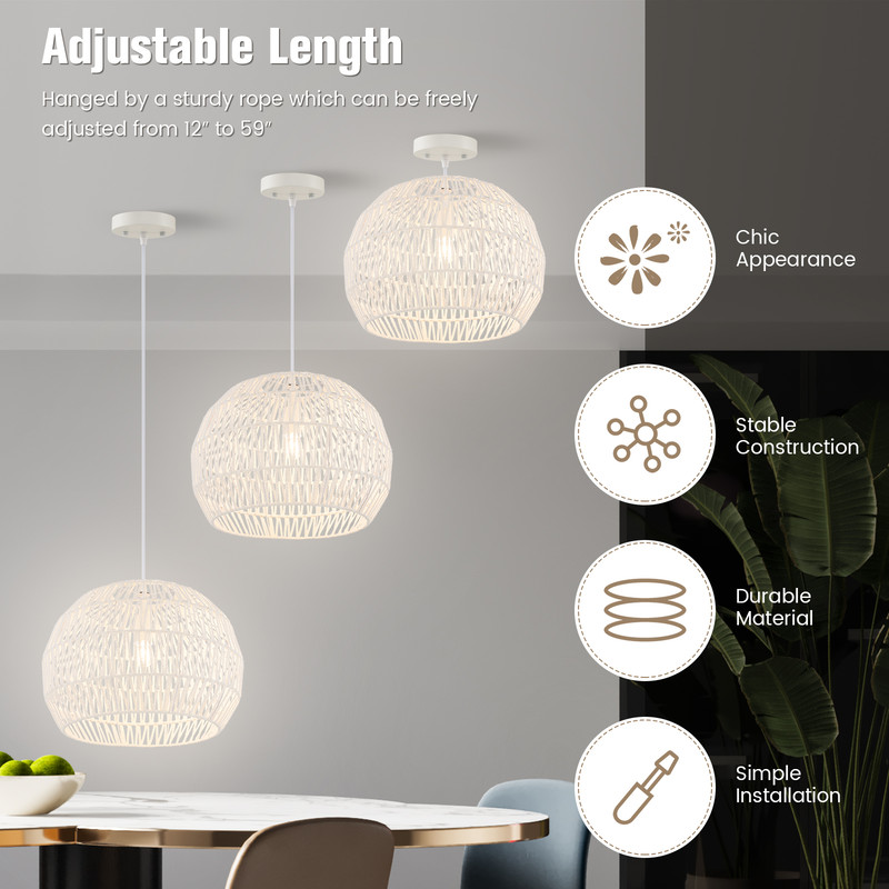 Round Farmhouse Rattan Pendant Light, Adjustable Hanging Rope for Dining & Living Room