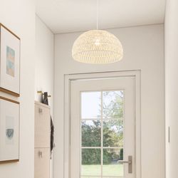 farmhouse rattan pendant lights with adjustable hanging rope, handwoven paper shade, rustproof metal rings