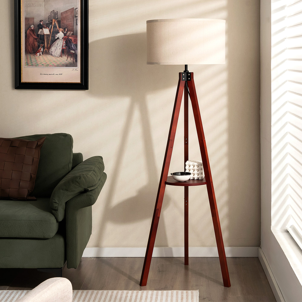 Tripod Floor Lamp, Wood Standing Lamp with Flaxen Lampshade & E26 Socket | Mid-Century Modern Shelf Lamp