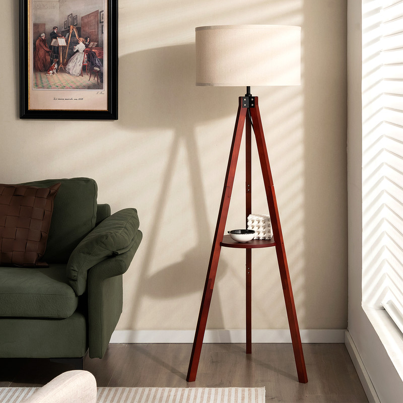 Tripod Floor Lamp, Wood Standing Lamp with Flaxen Lampshade & E26 Socket | Mid-Century Modern Shelf Lamp