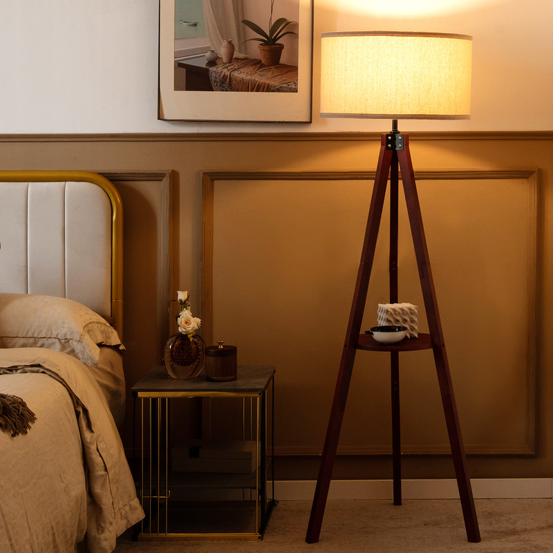 Tripod Floor Lamp, Wood Standing Lamp with Flaxen Lampshade & E26 Socket | Mid-Century Modern Shelf Lamp