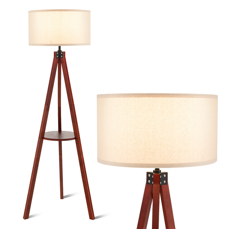 Tripod Floor Lamp, Wood Standing Lamp with Flaxen Lampshade & E26 Socket | Mid-Century Modern Shelf Lamp