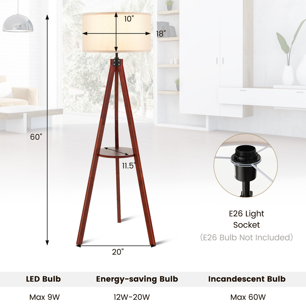 Tripod Floor Lamp, Wood Standing Lamp with Flaxen Lampshade & E26 Socket | Mid-Century Modern Shelf Lamp