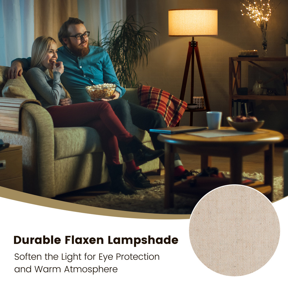 Tripod Floor Lamp, Wood Standing Lamp with Flaxen Lampshade & E26 Socket | Mid-Century Modern Shelf Lamp