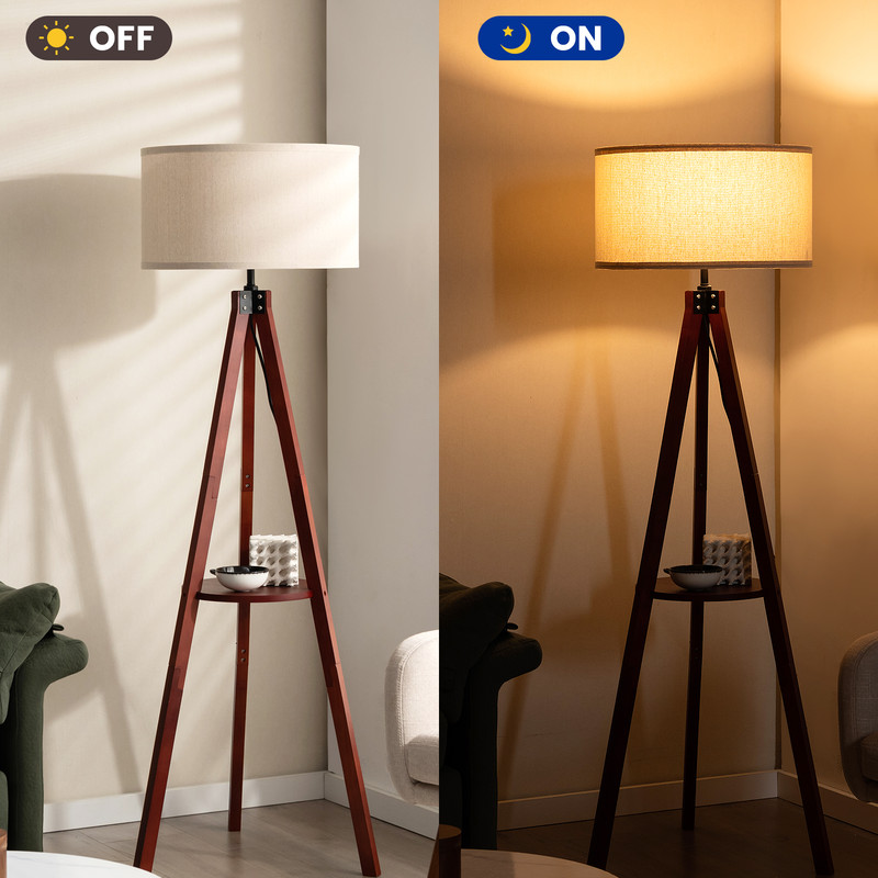 Tripod Floor Lamp, Wood Standing Lamp with Flaxen Lampshade & E26 Socket | Mid-Century Modern Shelf Lamp