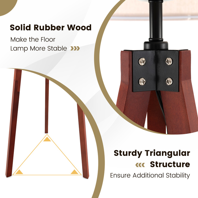 Tripod Floor Lamp, Wood Standing Lamp with Flaxen Lampshade & E26 Socket | Mid-Century Modern Shelf Lamp