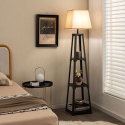 trapezoidal designed floor lamp with 3 tiered storage shelf, modern standing lamp for living room & bedroom