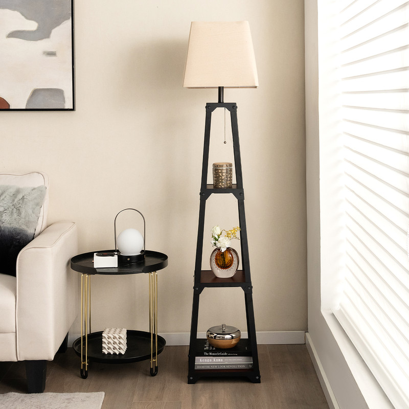 Trapezoidal Designed Floor Lamp with 3 Tiered Storage Shelf, Modern Standing Lamp for Living Room & Bedroom