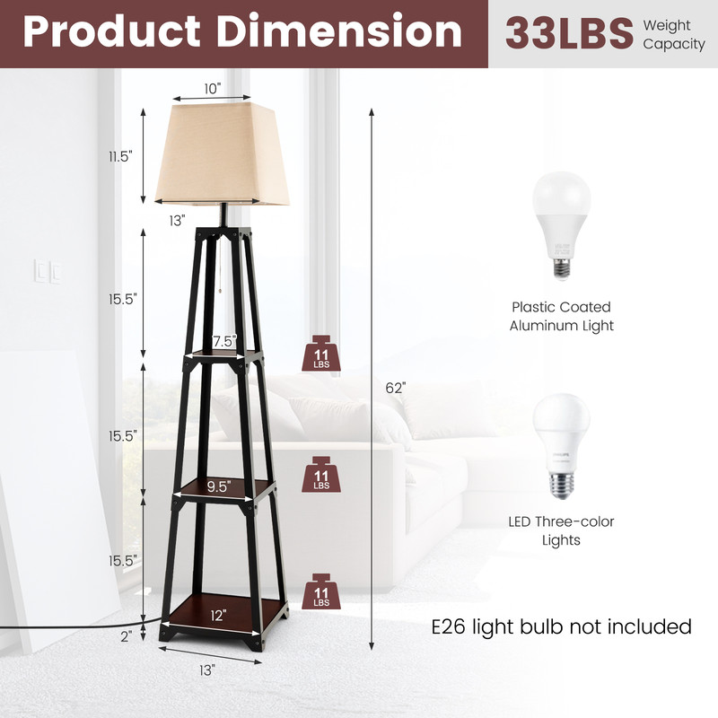 Trapezoidal Designed Floor Lamp with 3 Tiered Storage Shelf, Modern Standing Lamp for Living Room & Bedroom