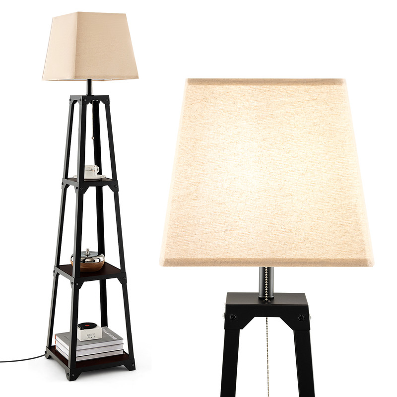 Trapezoidal Designed Floor Lamp with 3 Tiered Storage Shelf, Modern Standing Lamp for Living Room & Bedroom