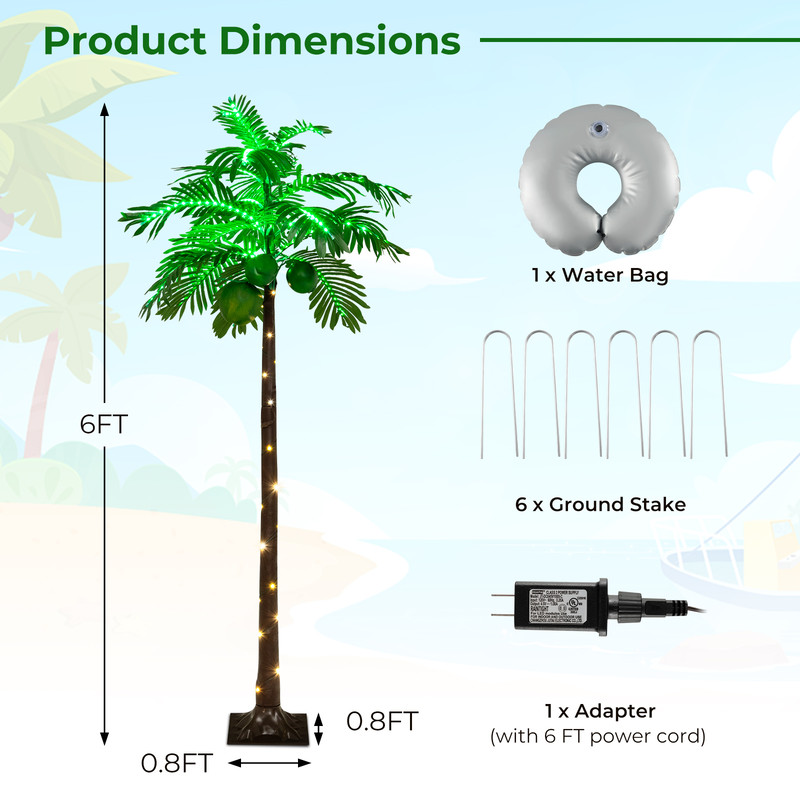 6 FT LED Lighted Artificial Palm Tree, Hawaiian Style Tropical Decor with Water Bag & Coconut Accents
