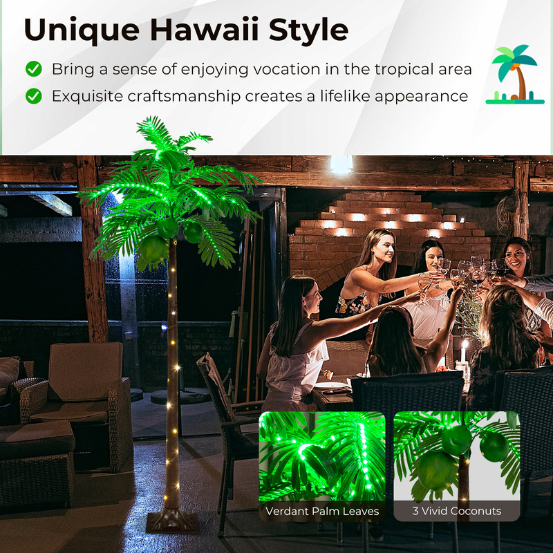 6 FT LED Lighted Artificial Palm Tree, Hawaiian Style Tropical Decor with Water Bag & Coconut Accents