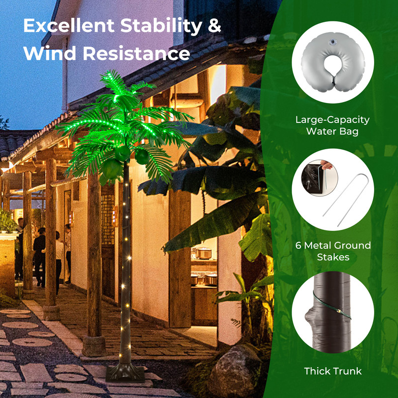 6 FT LED Lighted Artificial Palm Tree, Hawaiian Style Tropical Decor with Water Bag & Coconut Accents