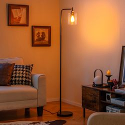 modern floor lamp with hanging glass lampshade & foot switch, tall standing lamp for living room, bedroom, or office
