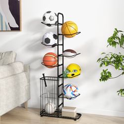 heavy-duty basketball organizer, 7-rod hanging rack with side ball basket for home & gym