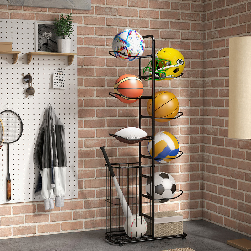 Heavy-Duty Basketball Organizer, 7-Rod Hanging Rack with Side Ball Basket for Home & Gym