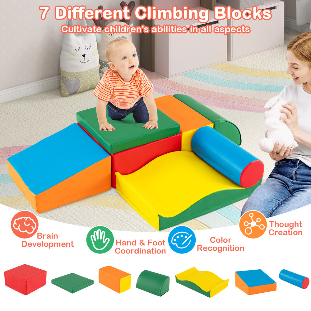 Baby Climbing Gym, 7-Piece EPE Foam Play Set with Removable PU Leather for Toddlers