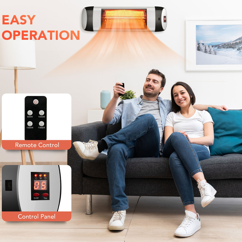 1500W Wall-Mounted Electric Patio Heater, Infrared Heater with Remote Control & Adjustable Heat Settings