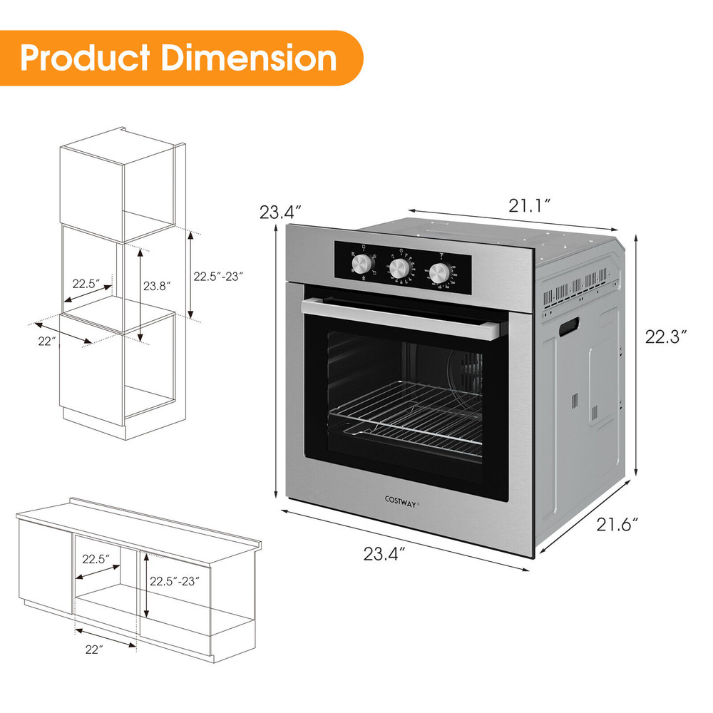 24 Inch Single Wall Oven 2.47Cu.ft with 5 Cooking Modes, Built-in Electric Oven for Family & Parties
