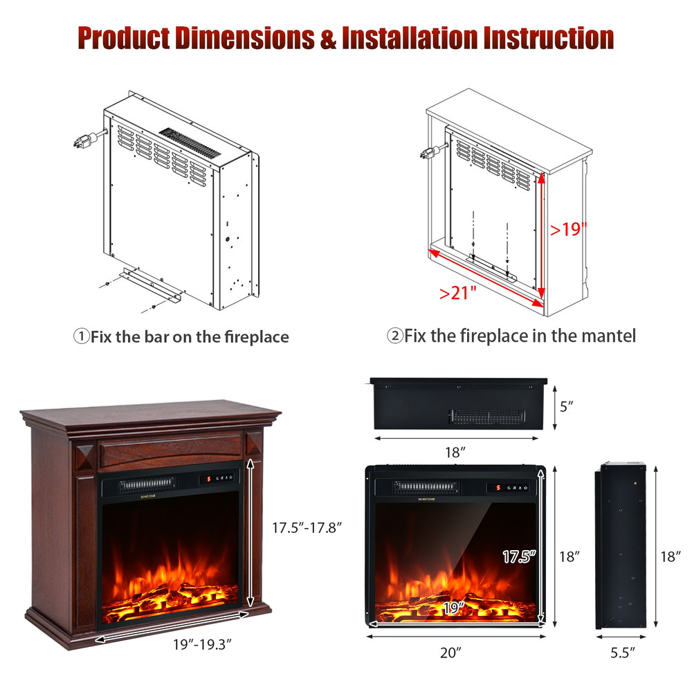 18 Inch 1500W Electric Fireplace, Freestanding & Recessed Heater with Remote, Timer, and Adjustable Flame