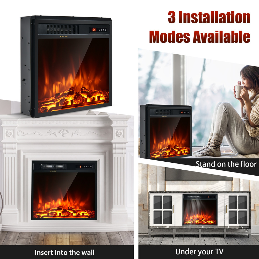 18 Inch 1500W Electric Fireplace, Freestanding & Recessed Heater with Remote, Timer, and Adjustable Flame