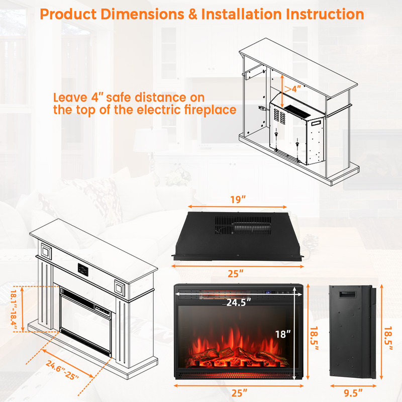Recessed Electric Fireplace Heater, 25 Inches Wall-Mounted, Energy-Efficient & Adjustable Flame
