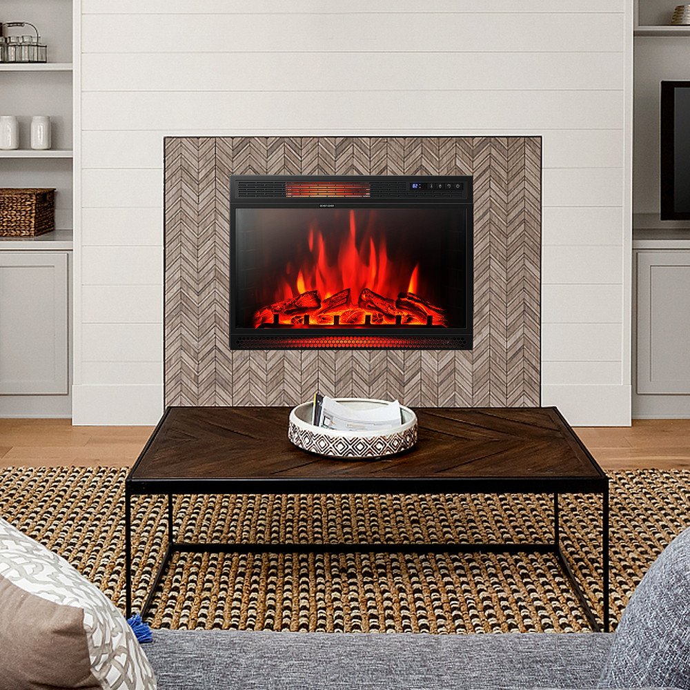 28 Inch Electric Freestanding and Recessed Fireplace with Remote, Realistic Flame & Energy-Efficient Heater