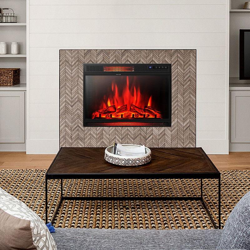 28 Inch Electric Freestanding and Recessed Fireplace with Remote, Realistic Flame & Energy-Efficient Heater