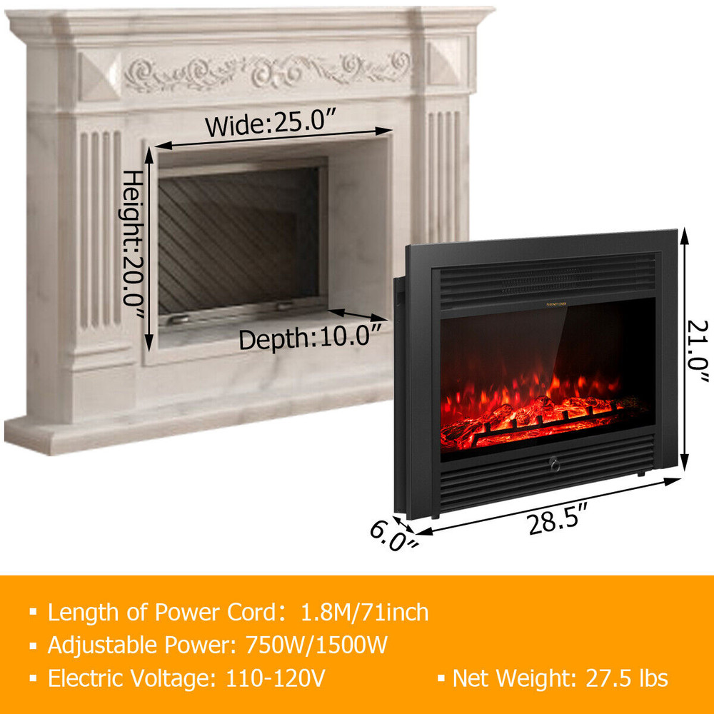 28.5 Inch Electric Fireplace Recessed with 3 Flame Colors, Adjustable Heat & Realistic Flames