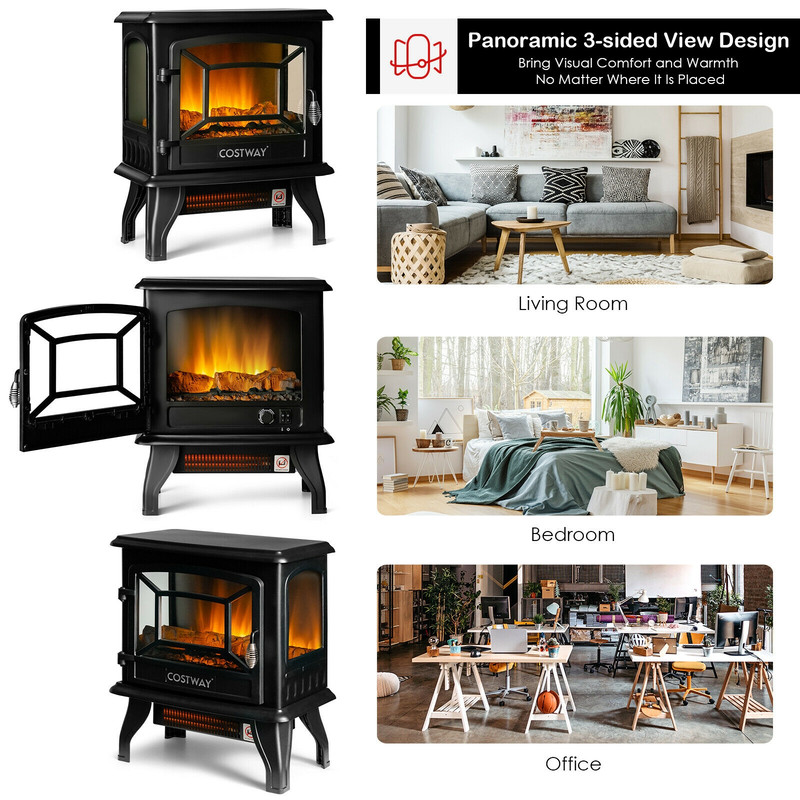 17 Inch Freestanding Electric Stove Fireplace Heater with 3-Side View, Realistic Flame & Adjustable Thermostate