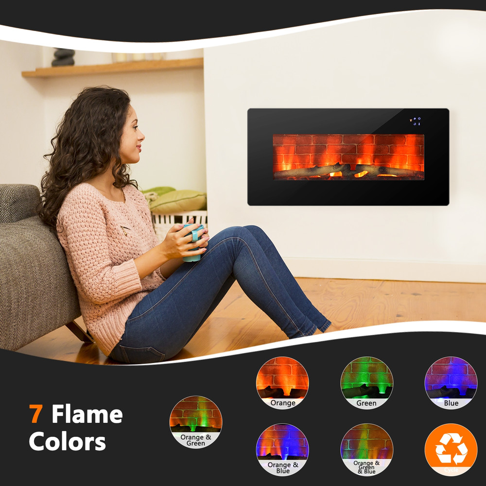 36 Inch Electric Wall Mounted Freestanding Fireplace with Remote Control, 7 Flame Colors & Adjustable Thermostat
