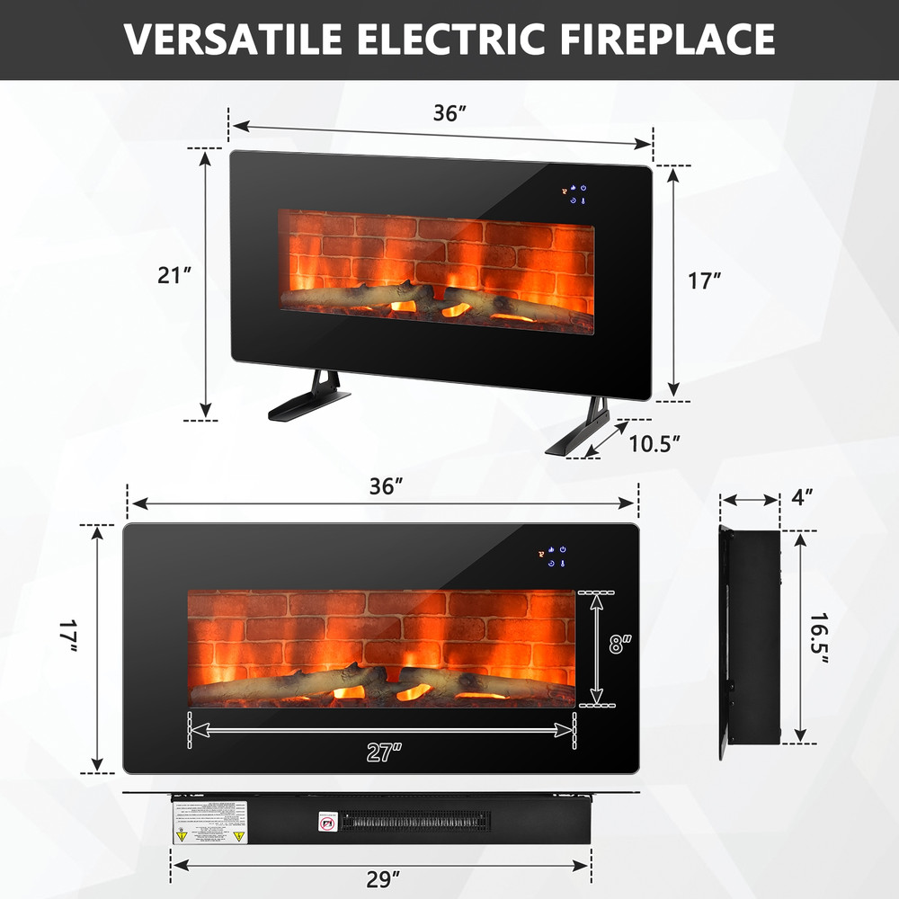 36 Inch Electric Wall Mounted Freestanding Fireplace with Remote Control, 7 Flame Colors & Adjustable Thermostat