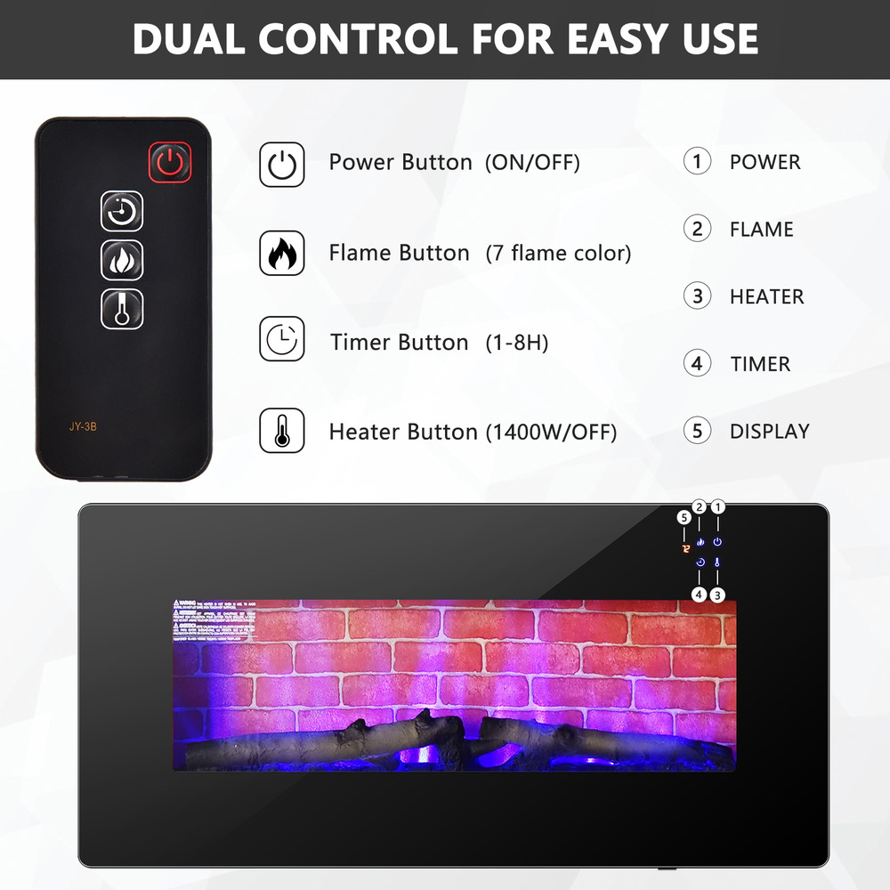 36 Inch Electric Wall Mounted Freestanding Fireplace with Remote Control, 7 Flame Colors & Adjustable Thermostat