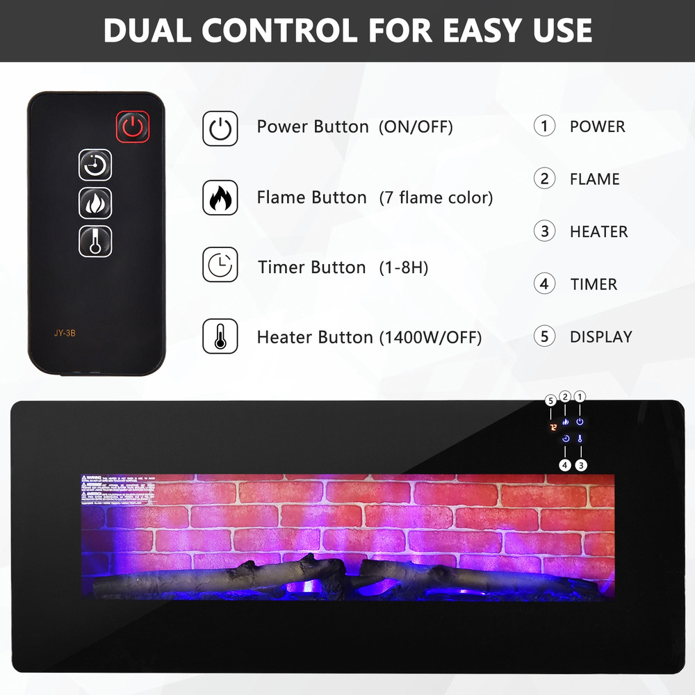 42 Inch Wall Mounted Freestanding Electric Fireplace, Realistic Flame Effect, Remote Control, & Overheat Protection