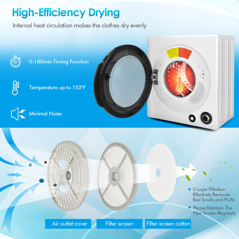 Compact Electric Tumble Laundry Dryer with Stainless Steel Tub, 13.2lb Capacity, 4 Drying Modes