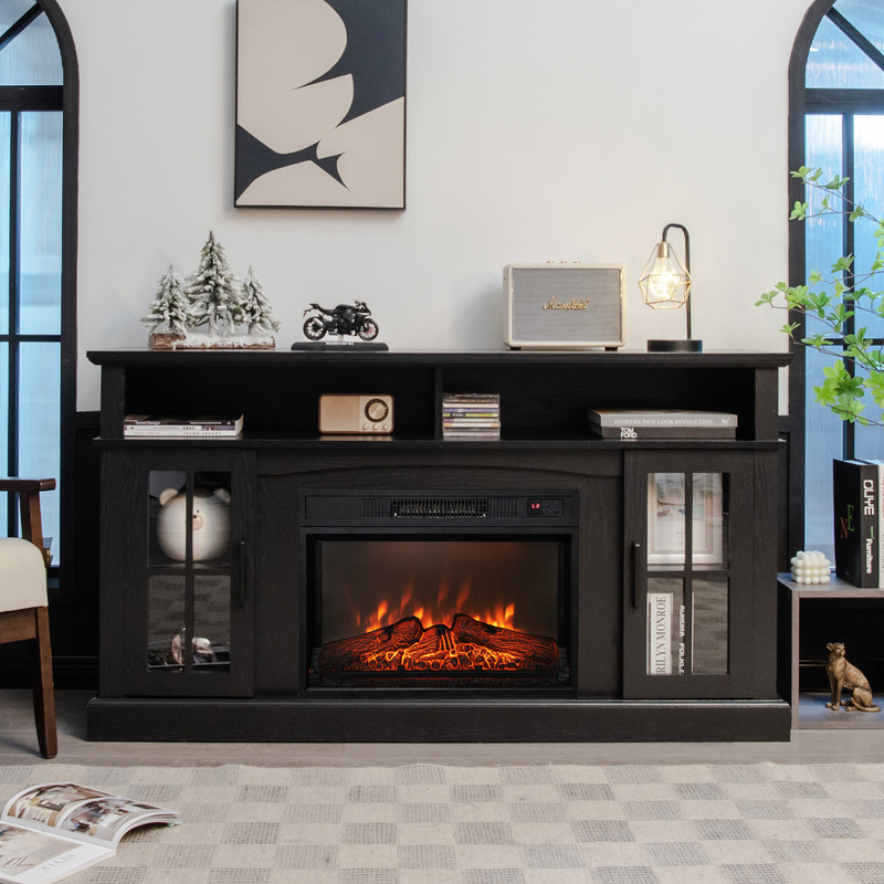 Modern Fireplace TV Console For TV With Storage Cabinets Remote And Adjustable LED Flame Heater 1