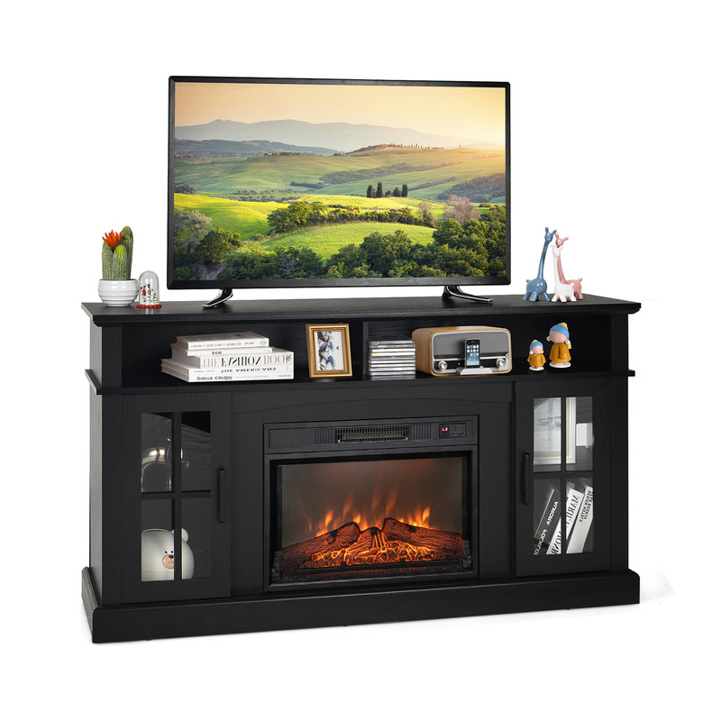 Modern Fireplace TV Console For TV With Storage Cabinets Remote And Adjustable LED Flame Heater 0