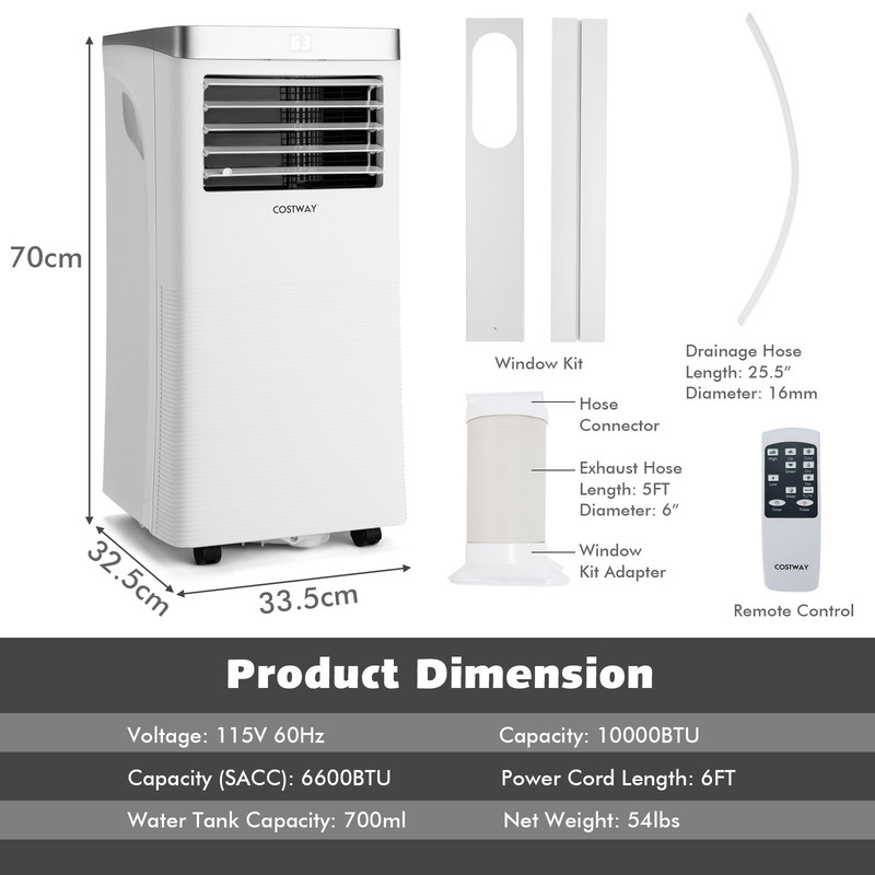 10,000 BTU 3-in-1 Portable Air Conditioner with Remote Control, Cooling, Dehumidifier & Fan Modes