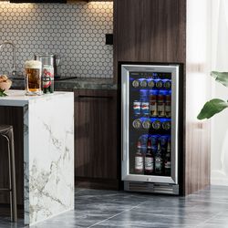 15 inch 100 can built-in freestanding beverage cooler refrigerator, adjustable temperature & removable shelves