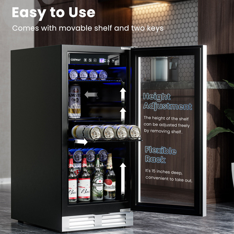 15 Inch 100 Can Built-in Freestanding Beverage Cooler Refrigerator, Adjustable Temperature & Removable Shelves