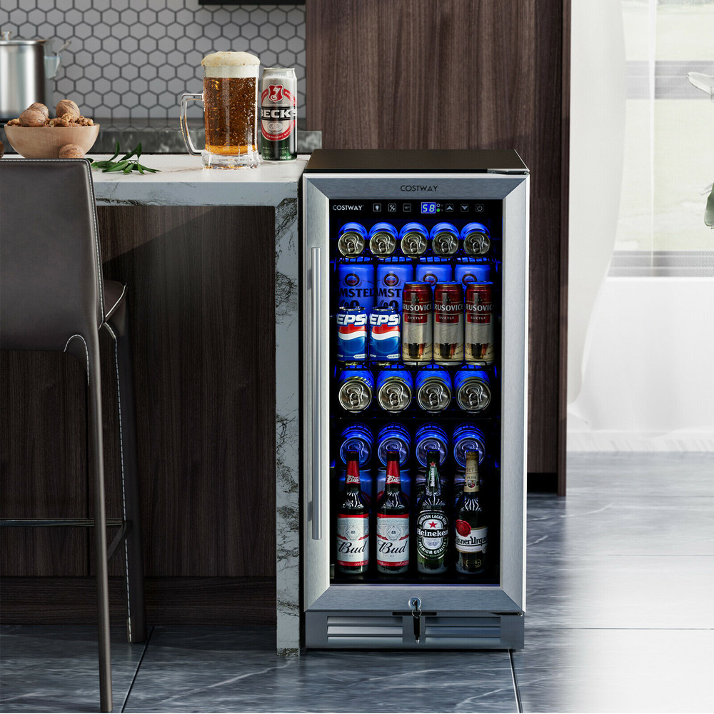 15 Inch 100 Can Built-in Freestanding Beverage Cooler Refrigerator, Adjustable Temperature & Removable Shelves