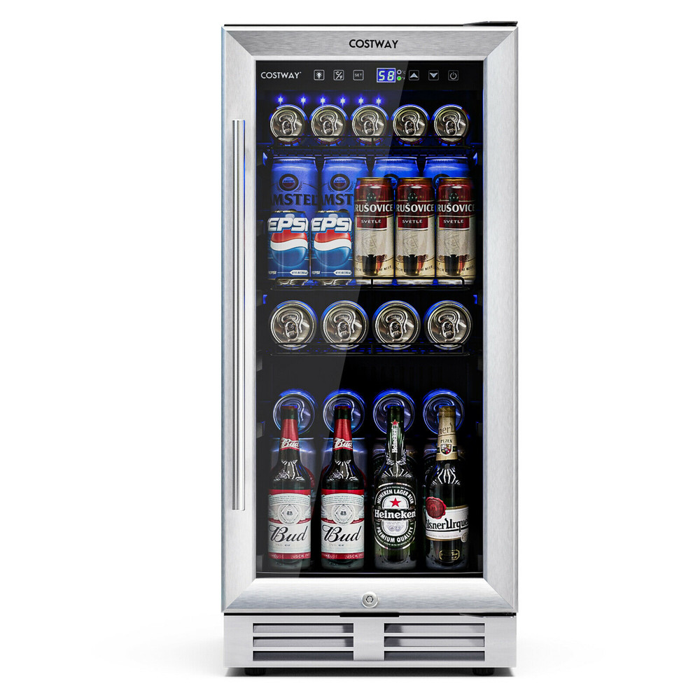 15 Inch 100 Can Built-in Freestanding Beverage Cooler Refrigerator, Adjustable Temperature & Removable Shelves