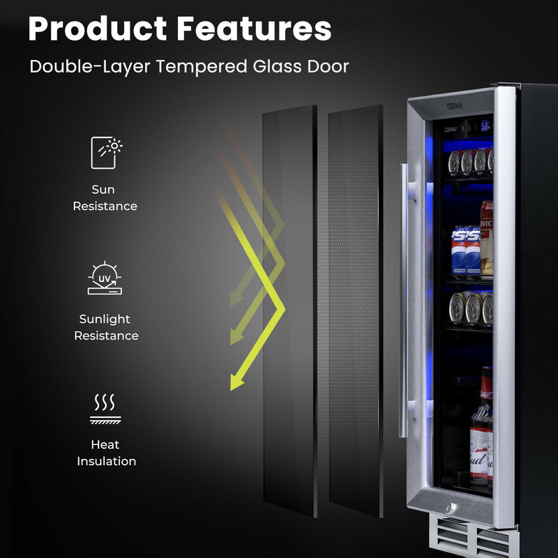 15 Inch 100 Can Built-in Freestanding Beverage Cooler Refrigerator, Adjustable Temperature & Removable Shelves