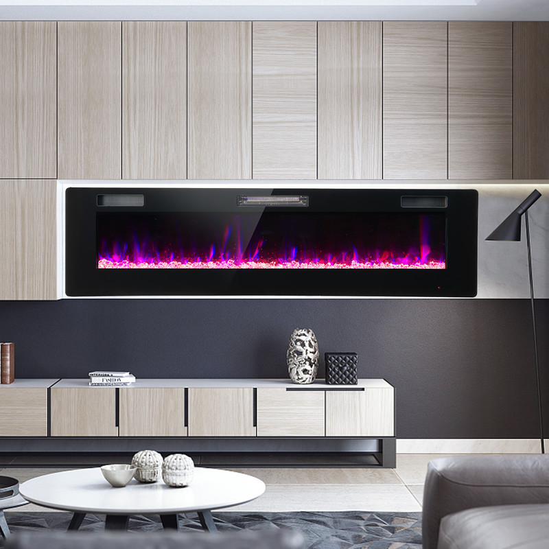 60 Inches Ultra-thin Electric Fireplace Heater with Remote, Timer & Wall Mount, 1500W Recessed LED Flame