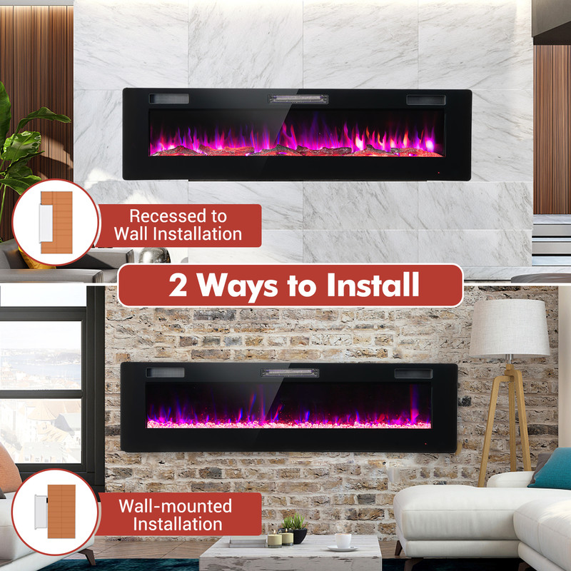 60 Inches Ultra-thin Electric Fireplace Heater with Remote, Timer & Wall Mount, 1500W Recessed LED Flame