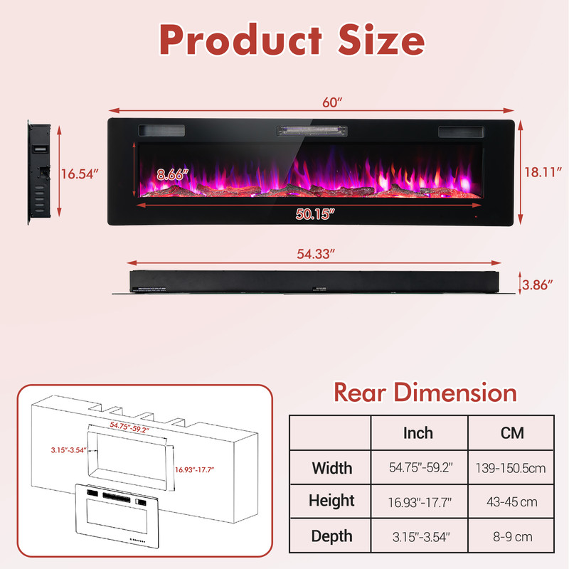 60 Inches Ultra-thin Electric Fireplace Heater with Remote, Timer & Wall Mount, 1500W Recessed LED Flame